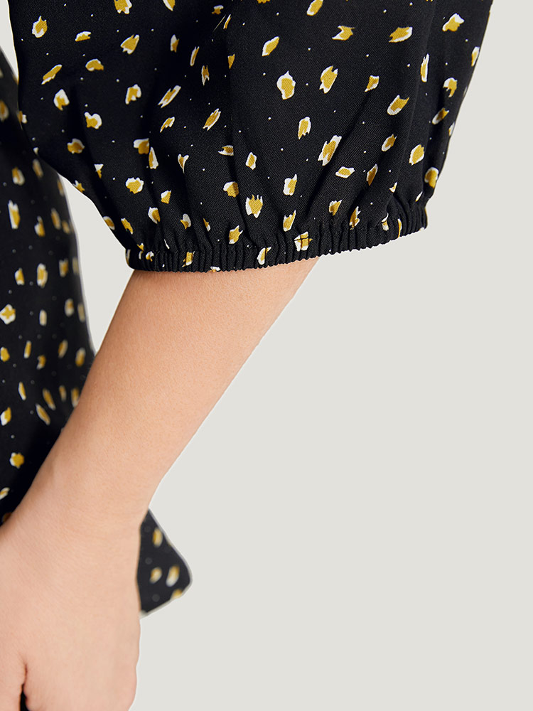 Plus Size Black Dot Button Up Keyhole Ties Lantern Sleeve Blouse Women Elegant Elbow-length sleeve Keyhole Cut-Out Dailywear Blouses BloomChic 14-16/1X 