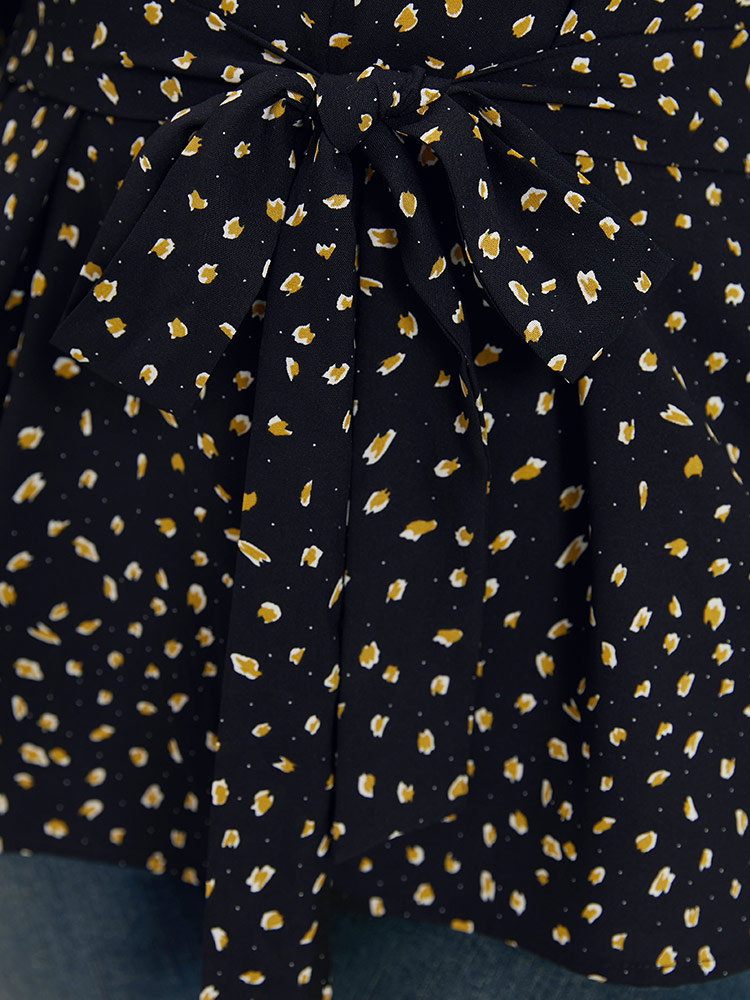 Plus Size Black Dot Button Up Keyhole Ties Lantern Sleeve Blouse Women Elegant Elbow-length sleeve Keyhole Cut-Out Dailywear Blouses BloomChic 14-16/1X 