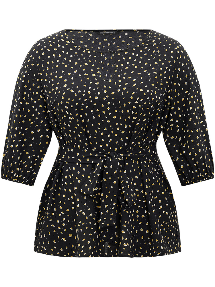 Plus Size Black Dot Button Up Keyhole Ties Lantern Sleeve Blouse Women Elegant Elbow-length sleeve Keyhole Cut-Out Dailywear Blouses BloomChic 14-16/1X 