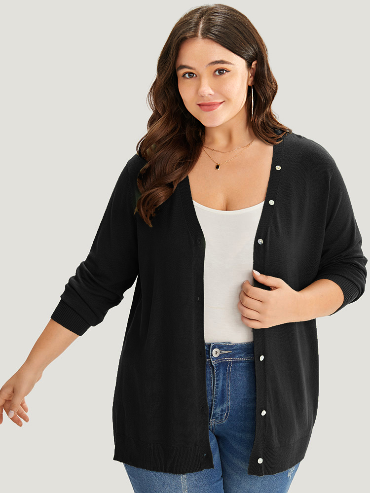 

Plus Size Supersoft Essentials Plain Button Detail Very Stretchy Cardigan Black Women Casual Loose Long Sleeve Everyday Cardigans BloomChic