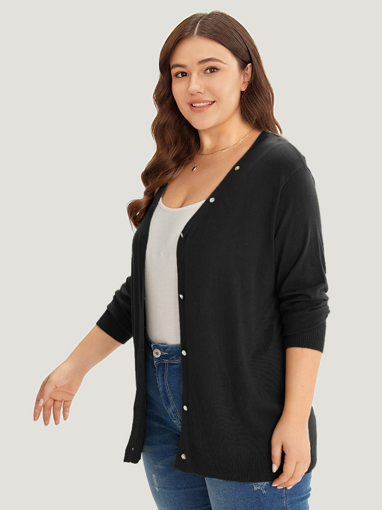 Plus Size Supersoft Essentials Plain Button Detail Very Stretchy Cardigan Black Women Casual Loose Long Sleeve Everyday Cardigans BloomChic 14-16/1X 