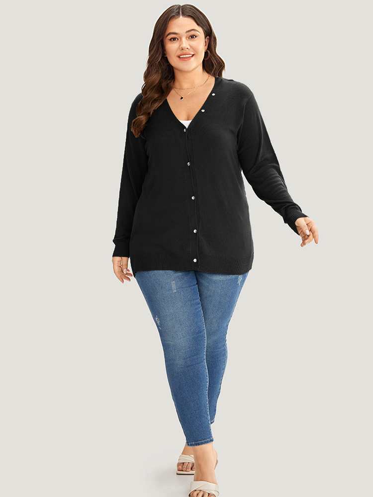 Plus Size Supersoft Essentials Plain Button Detail Very Stretchy Cardigan Black Women Casual Loose Long Sleeve Everyday Cardigans BloomChic 14-16/1X 