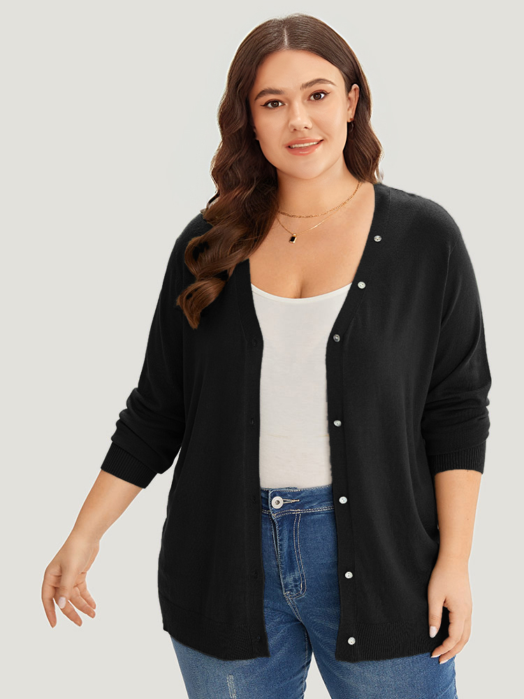 Plus Size Supersoft Essentials Plain Button Detail Very Stretchy Cardigan Black Women Casual Loose Long Sleeve Everyday Cardigans BloomChic 14-16/1X 