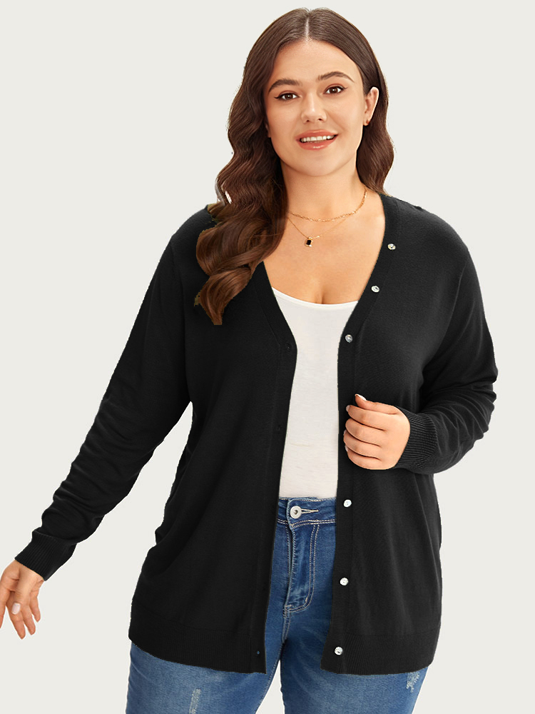 Plus Size Supersoft Essentials Plain Button Detail Very Stretchy Cardigan Black Women Casual Loose Long Sleeve Everyday Cardigans BloomChic 14-16/1X 