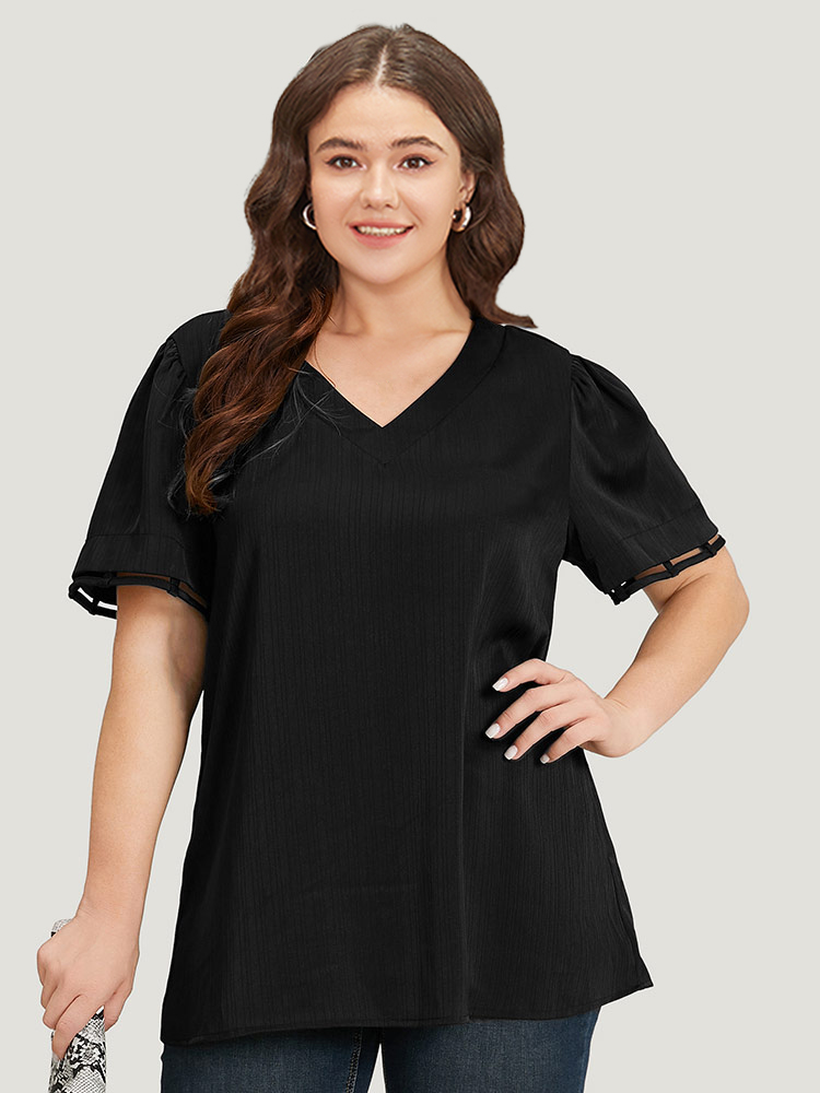 

Plus Size Black Plain Cut Out V Neck Blouse Women Office Short sleeve V-neck Work Blouses BloomChic