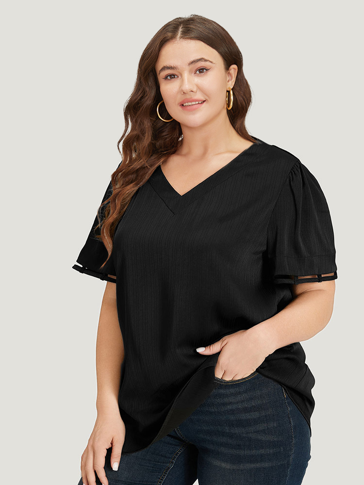 Plus Size Black Plain Cut Out V Neck Blouse Women Office Short sleeve V-neck Work Blouses BloomChic 26/4X 