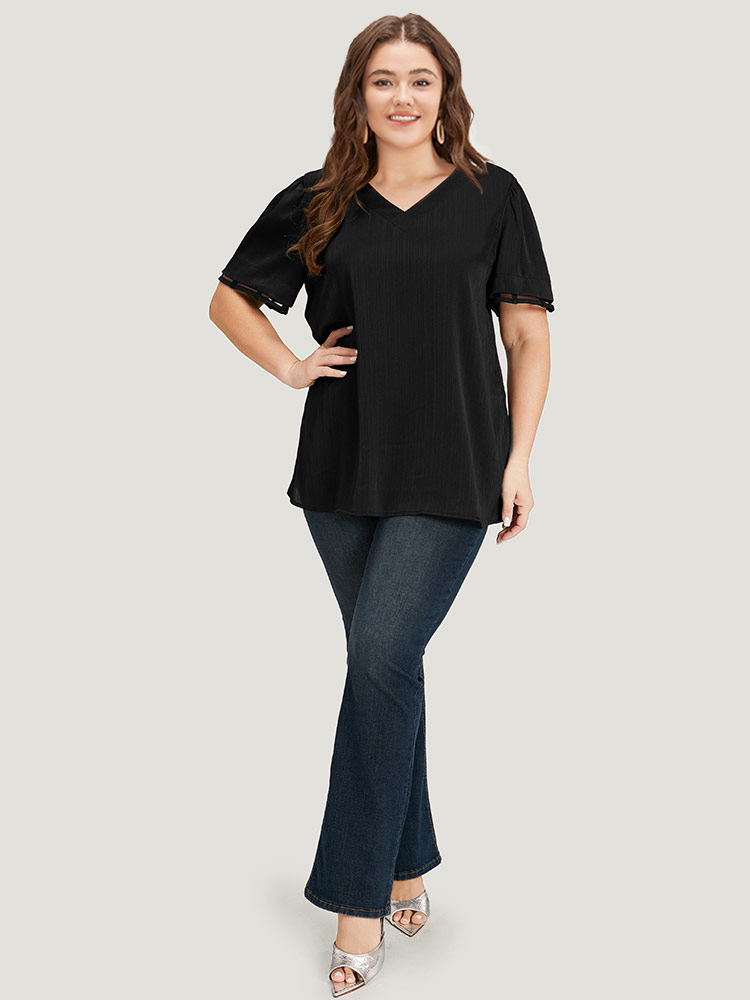 Plus Size Black Plain Cut Out V Neck Blouse Women Office Short sleeve V-neck Work Blouses BloomChic 26/4X 