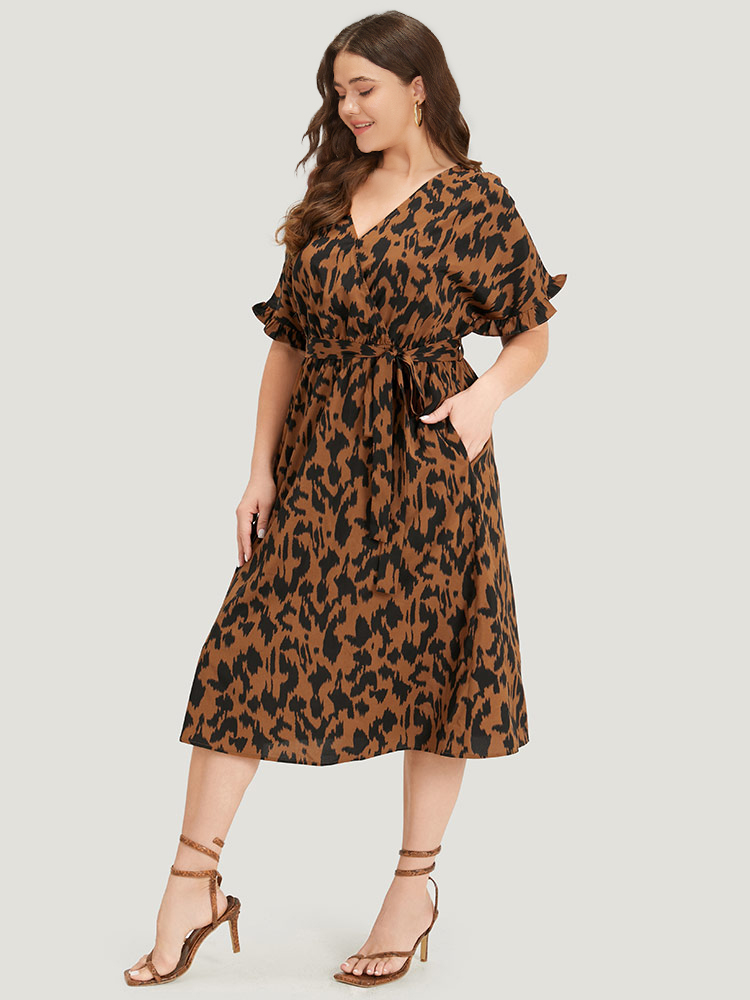 

Plus Size Brush Print Ruffles Wrap Belted Pocket Dress Leopard Women Elegant Wrap Overlap Collar Short sleeve Curvy Midi Dress BloomChic