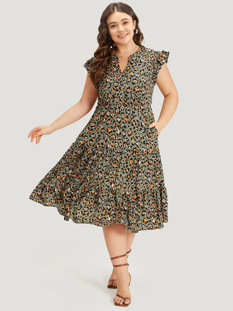 

Plus Size Colour Leopard Print Notched Ruffle Cap Sleeve Dress ArmyGreen Women Elegant Elastic Waist Notched collar Cap Sleeve Curvy Midi Dress BloomChic