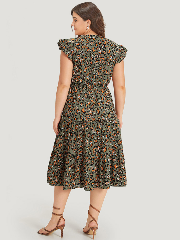 Plus Size Colour Leopard Print Notched Ruffle Cap Sleeve Dress ArmyGreen Women Elegant Elastic Waist Notched collar Cap Sleeve Curvy Midi Dress BloomChic 12/L 