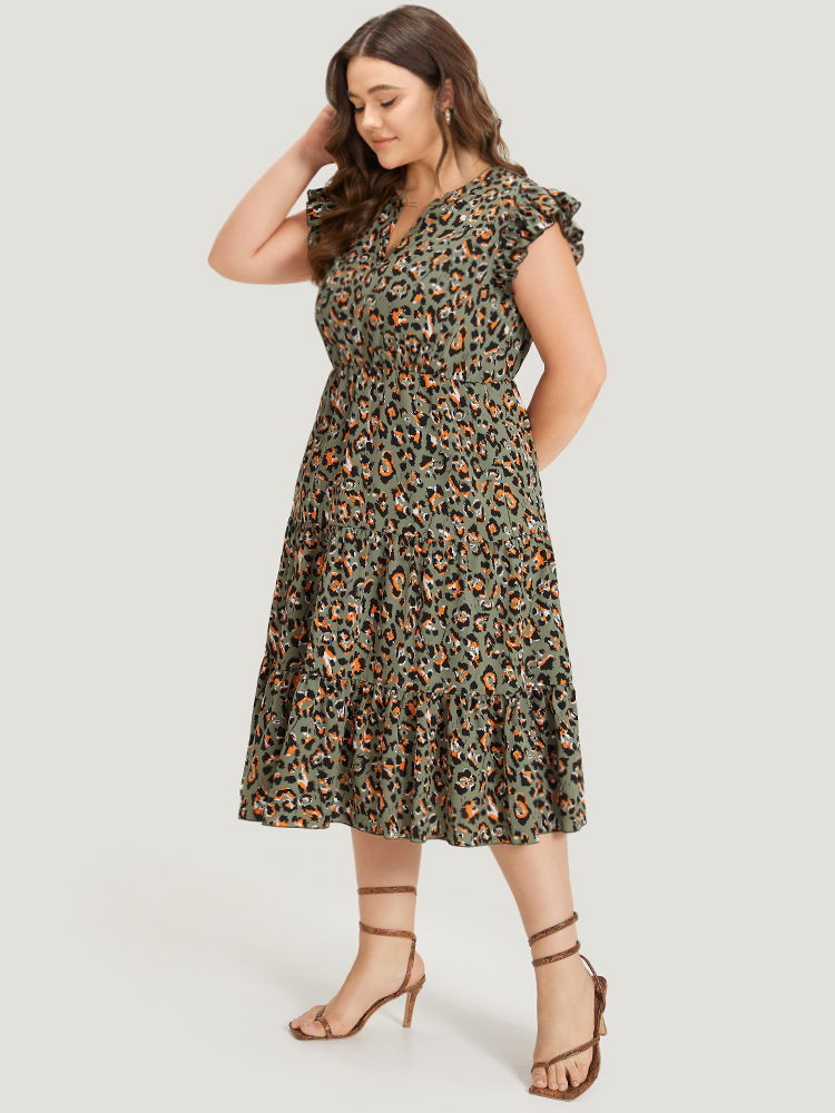 Plus Size Colour Leopard Print Notched Ruffle Cap Sleeve Dress ArmyGreen Women Elegant Elastic Waist Notched collar Cap Sleeve Curvy Midi Dress BloomChic 12/L 