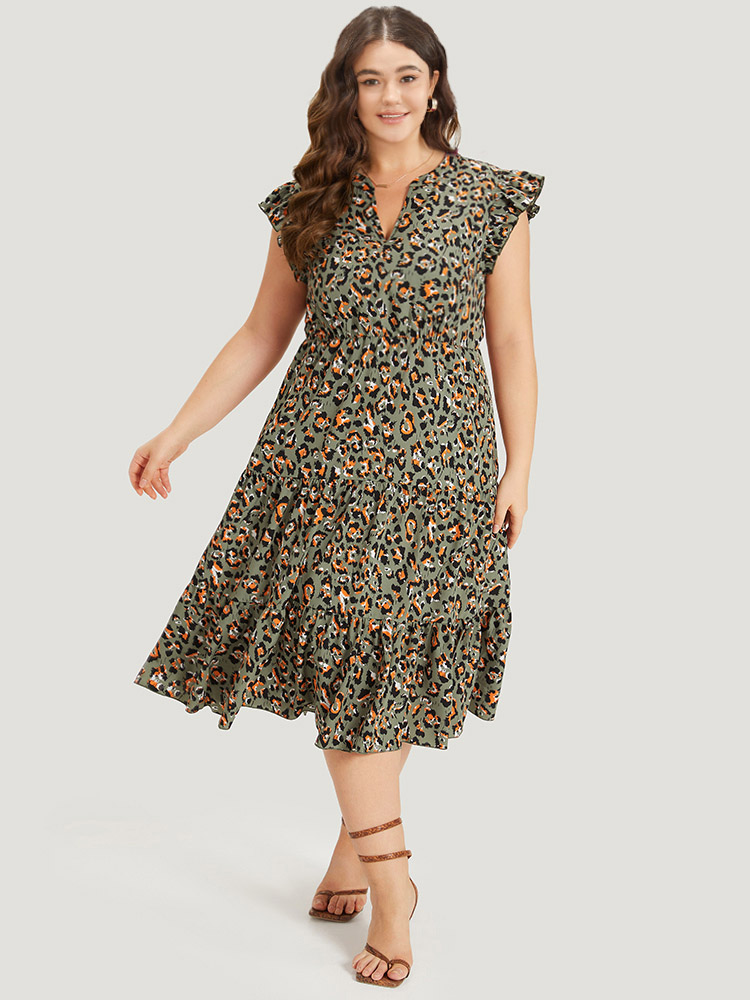 Plus Size Colour Leopard Print Notched Ruffle Cap Sleeve Dress ArmyGreen Women Elegant Elastic Waist Notched collar Cap Sleeve Curvy Midi Dress BloomChic 12/L 