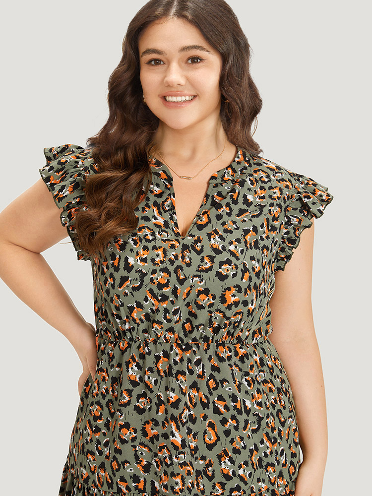 Plus Size Colour Leopard Print Notched Ruffle Cap Sleeve Dress ArmyGreen Women Elegant Elastic Waist Notched collar Cap Sleeve Curvy Midi Dress BloomChic 12/L 