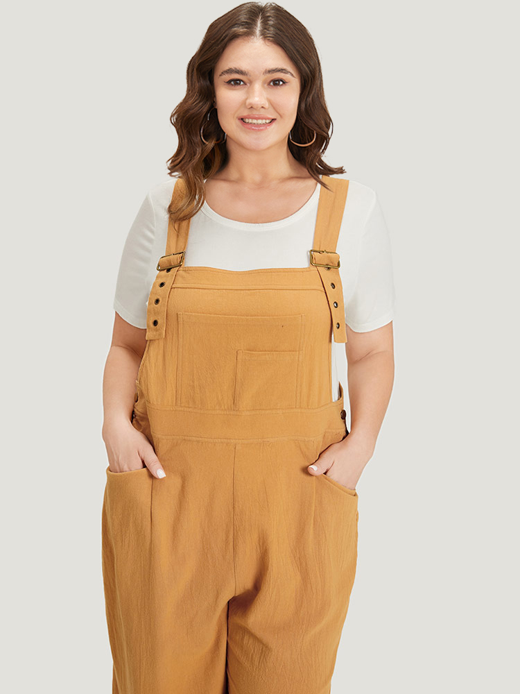 

Plus Size Bronze Solid Patched Pocket Overall Cami Jumpsuit Women Casual Sleeveless Spaghetti Strap Dailywear Loose Jumpsuits BloomChic
