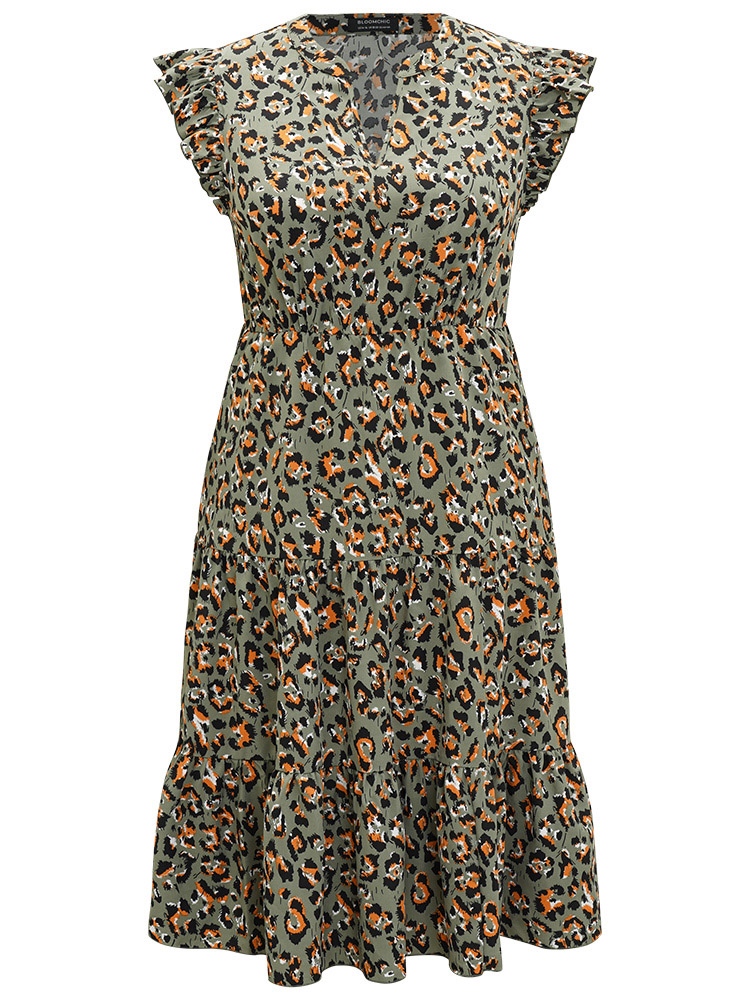 Plus Size Colour Leopard Print Notched Ruffle Cap Sleeve Dress ArmyGreen Women Elegant Elastic Waist Notched collar Cap Sleeve Curvy Midi Dress BloomChic 12/L 