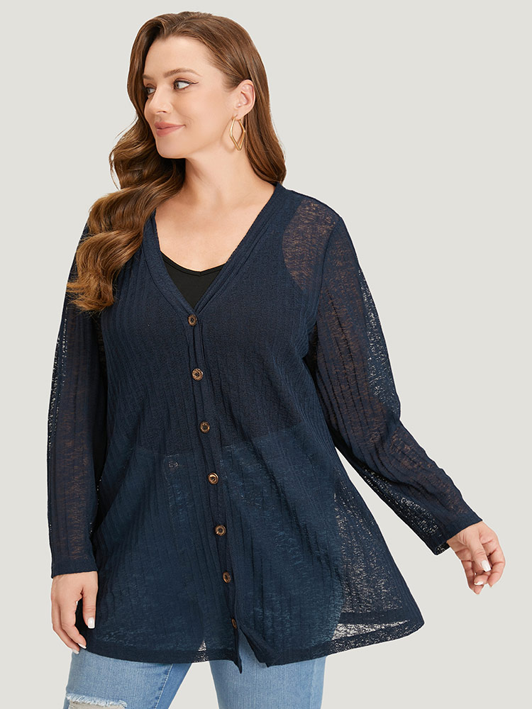 

Plus Size Solid Rib Knit Button Through Mesh Kimono Women DarkBlue Casual See through Dailywear Kimonos BloomChic
