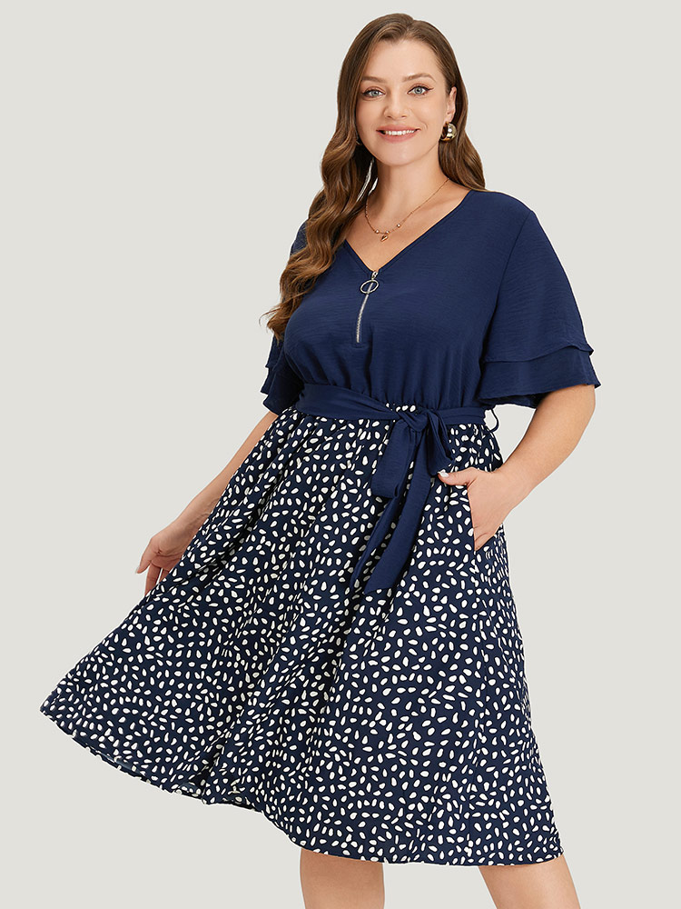 

Plus Size Water Drop Print Patchwork Ruffle Zipper Belted Dress Navy Women Office Plain V-neck Short sleeve Curvy Midi Dress BloomChic