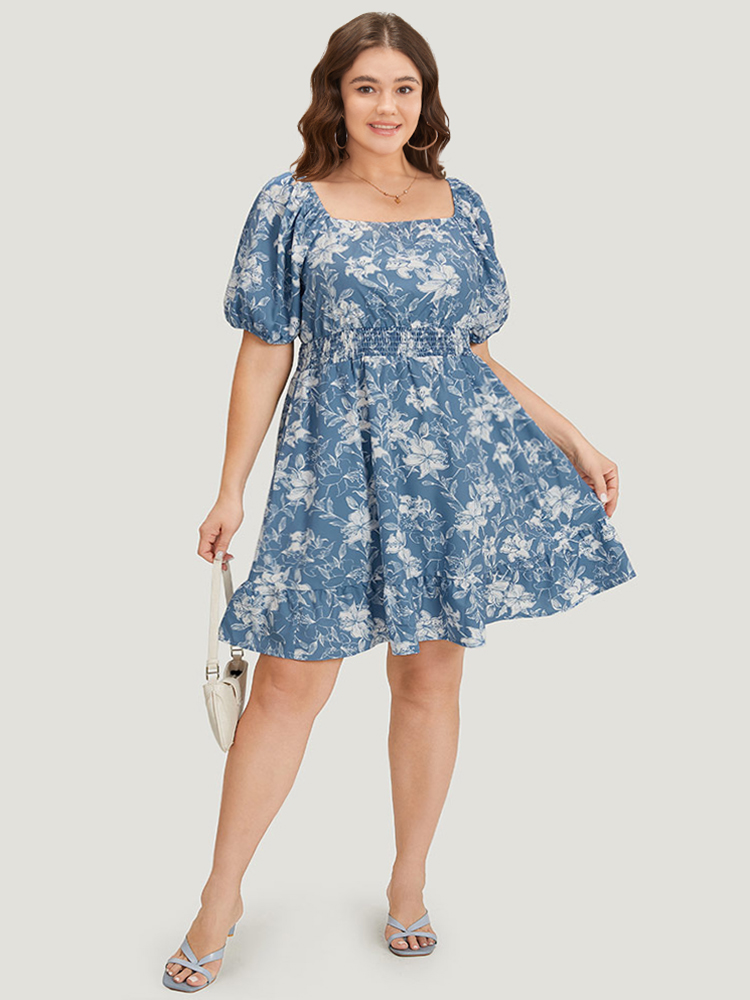 

Plus Size Floral Print Shirred Square Neck Puff Sleeve Dress Stone Women Elegant Elastic cuffs Square Neck Short sleeve Curvy Midi Dress BloomChic