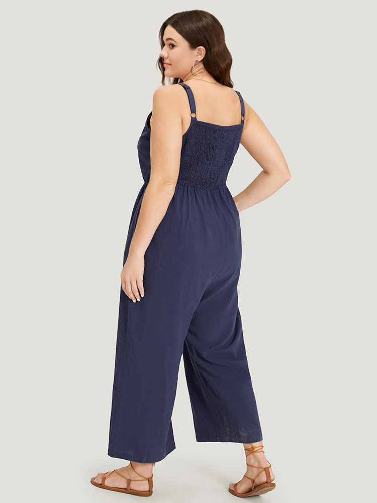 Plus Size Indigo Plain Pocket Elastic Waist Ties Cami Jumpsuit Women Casual Sleeveless Spaghetti Strap Dailywear Loose Jumpsuits BloomChic 28/5X 