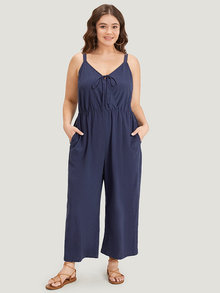 Plus Size Indigo Plain Pocket Elastic Waist Ties Cami Jumpsuit Women Casual Sleeveless Spaghetti Strap Dailywear Loose Jumpsuits BloomChic 28/5X 
