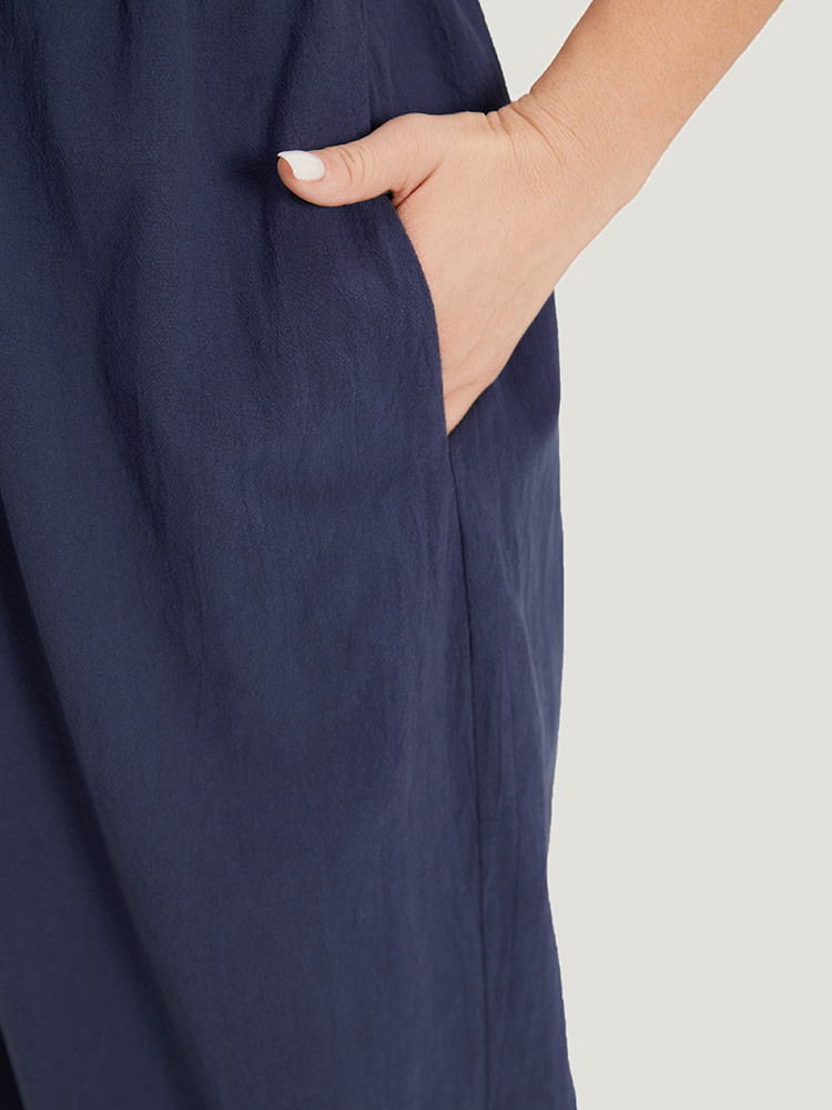 Plus Size Indigo Plain Pocket Elastic Waist Ties Cami Jumpsuit Women Casual Sleeveless Spaghetti Strap Dailywear Loose Jumpsuits BloomChic 28/5X 