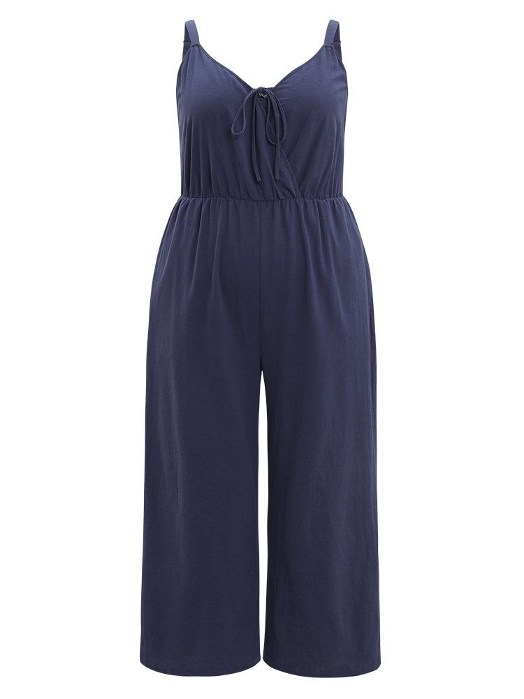 Plus Size Indigo Plain Pocket Elastic Waist Ties Cami Jumpsuit Women Casual Sleeveless Spaghetti Strap Dailywear Loose Jumpsuits BloomChic 28/5X 