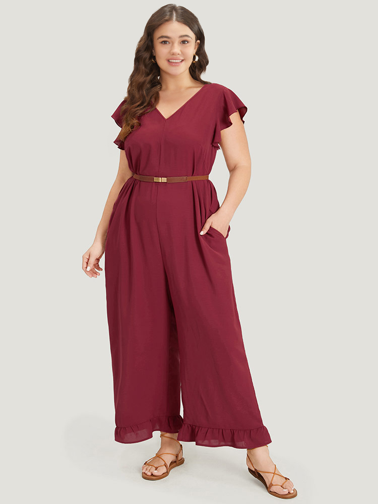 

Plus Size Burgundy Plain Ruffle Cap Sleeve V Neck Zipper Jumpsuit Women Casual Cap Sleeve V-neck Dailywear Loose Jumpsuits BloomChic