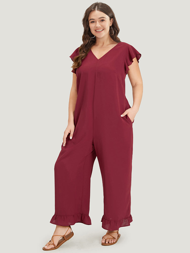 

Plus Size Burgundy Plain Ruffle Cap Sleeve V Neck Zipper Jumpsuit Women Casual Cap Sleeve V-neck Dailywear Loose Jumpsuits BloomChic