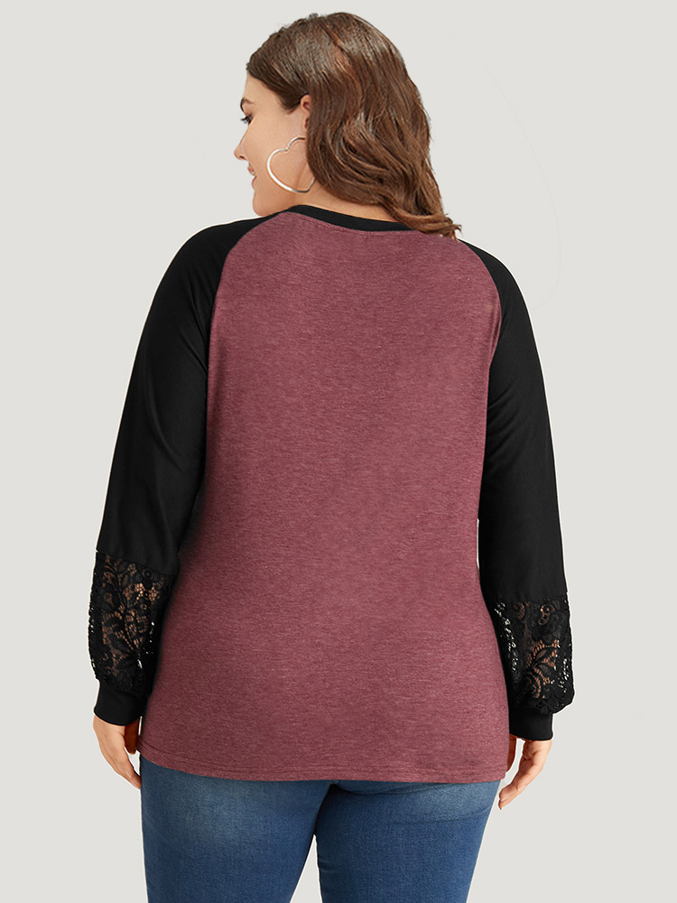 

Plus Size Round Neck Lace Patchwork Raglan Sleeve T-shirt Russet Women Elegant Elastic cuffs Plain Round Neck Dailywear T-shirts BloomChic