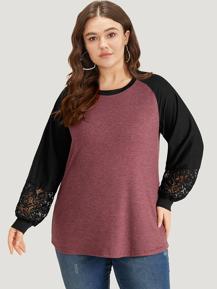 

Plus Size Round Neck Lace Patchwork Raglan Sleeve T-shirt Russet Women Elegant Elastic cuffs Plain Round Neck Dailywear T-shirts BloomChic