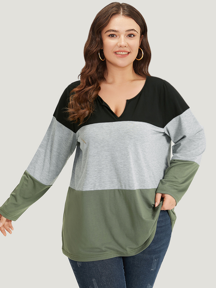 

Plus Size Colorblock Contrast Notched Long Sleeve T-shirt Multicolor Women Casual Contrast Plain Notched collar Dailywear T-shirts BloomChic