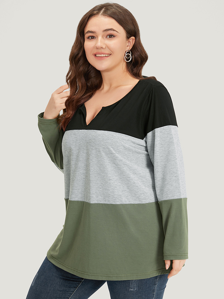 Plus Size Colorblock Contrast Notched Long Sleeve T-shirt Multicolor Women Casual Contrast Plain Notched collar Dailywear T-shirts BloomChic 18-20/2X 