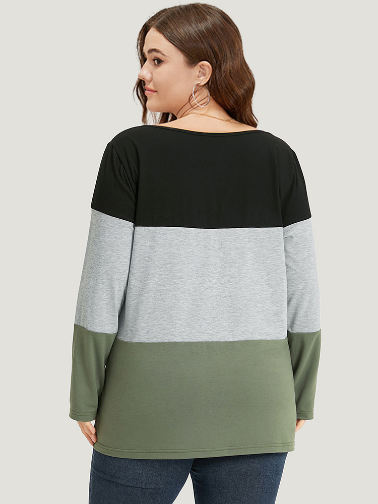 Plus Size Colorblock Contrast Notched Long Sleeve T-shirt Multicolor Women Casual Contrast Plain Notched collar Dailywear T-shirts BloomChic 18-20/2X 