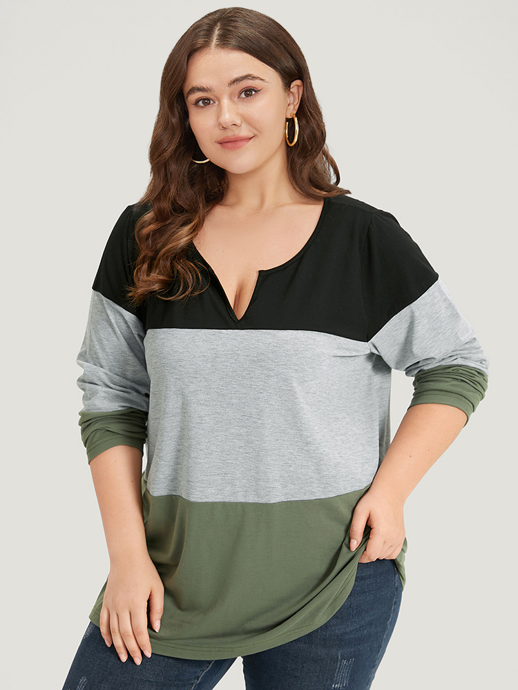 

Plus Size Colorblock Contrast Notched Long Sleeve T-shirt Multicolor Women Casual Contrast Plain Notched collar Dailywear T-shirts BloomChic