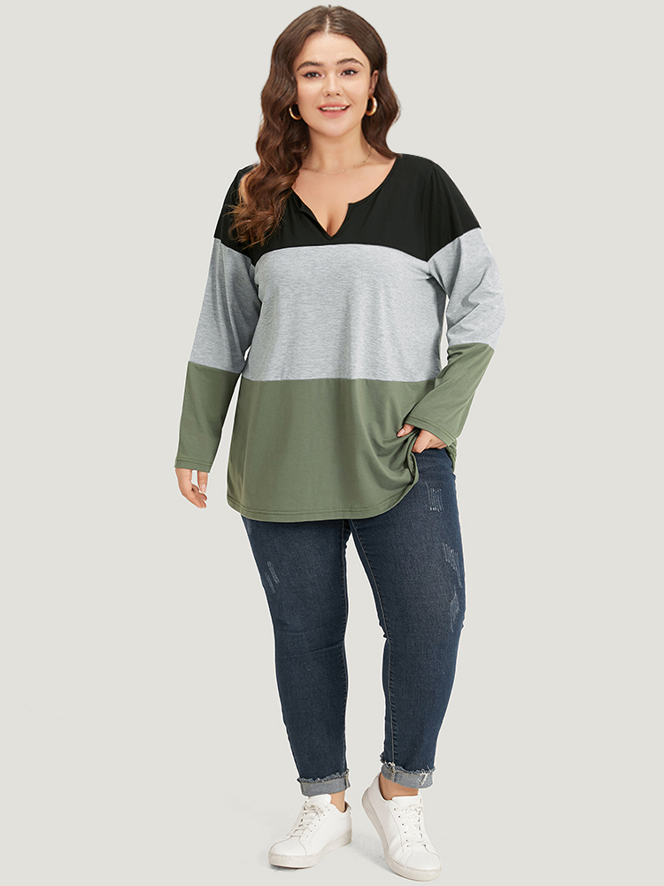 Plus Size Colorblock Contrast Notched Long Sleeve T-shirt Multicolor Women Casual Contrast Plain Notched collar Dailywear T-shirts BloomChic 18-20/2X 