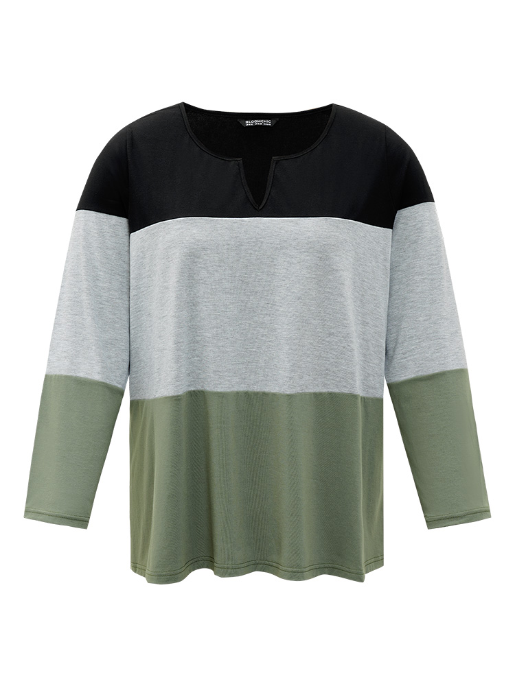 Plus Size Colorblock Contrast Notched Long Sleeve T-shirt Multicolor Women Casual Contrast Plain Notched collar Dailywear T-shirts BloomChic 18-20/2X 