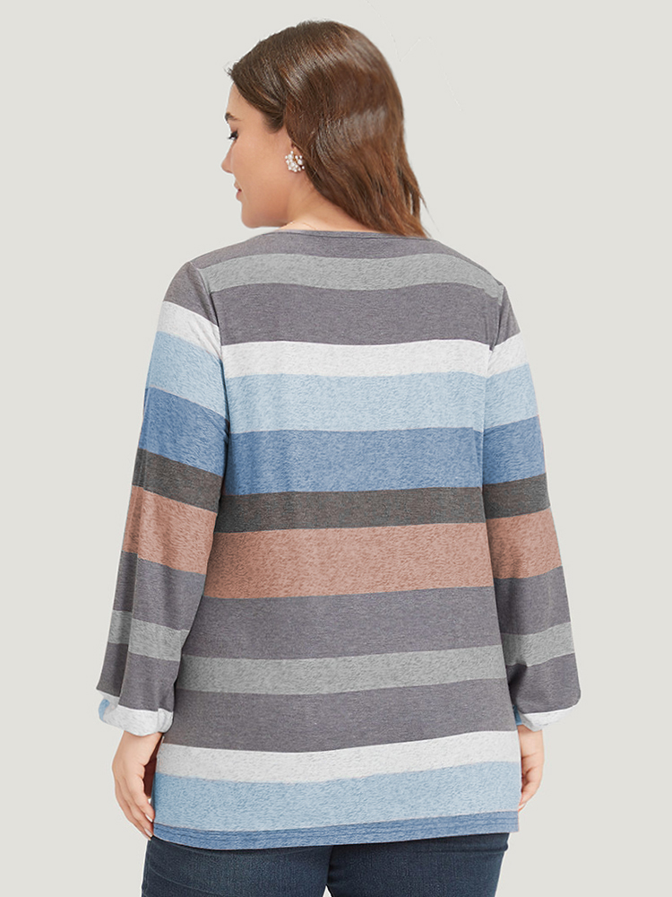 Plus Size Colour Striped Contrast Crisscross Lantern Sleeve T-shirt Blue Women Casual Elastic cuffs Striped V-neck Dailywear T-shirts BloomChic 28/5X 