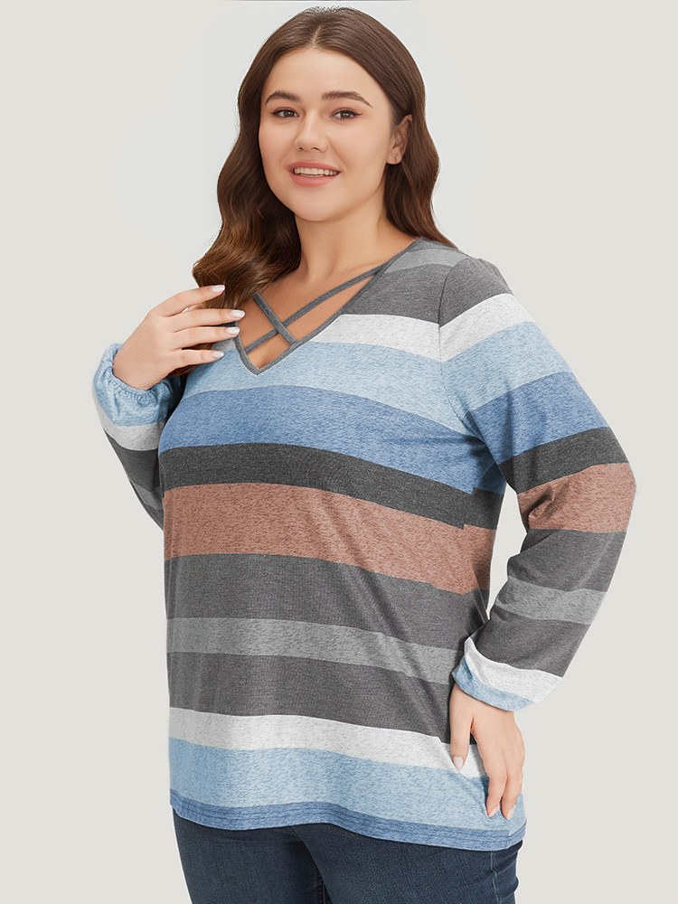 Plus Size Colour Striped Contrast Crisscross Lantern Sleeve T-shirt Blue Women Casual Elastic cuffs Striped V-neck Dailywear T-shirts BloomChic 28/5X 