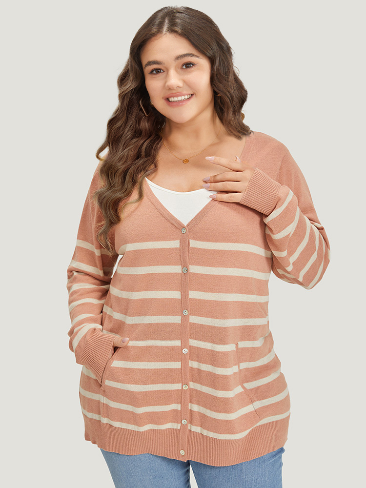 

Plus Size Supersoft Essentials Striped Pocket Button Through Cardigan Crepe Women Casual Loose Long Sleeve Dailywear Cardigans BloomChic