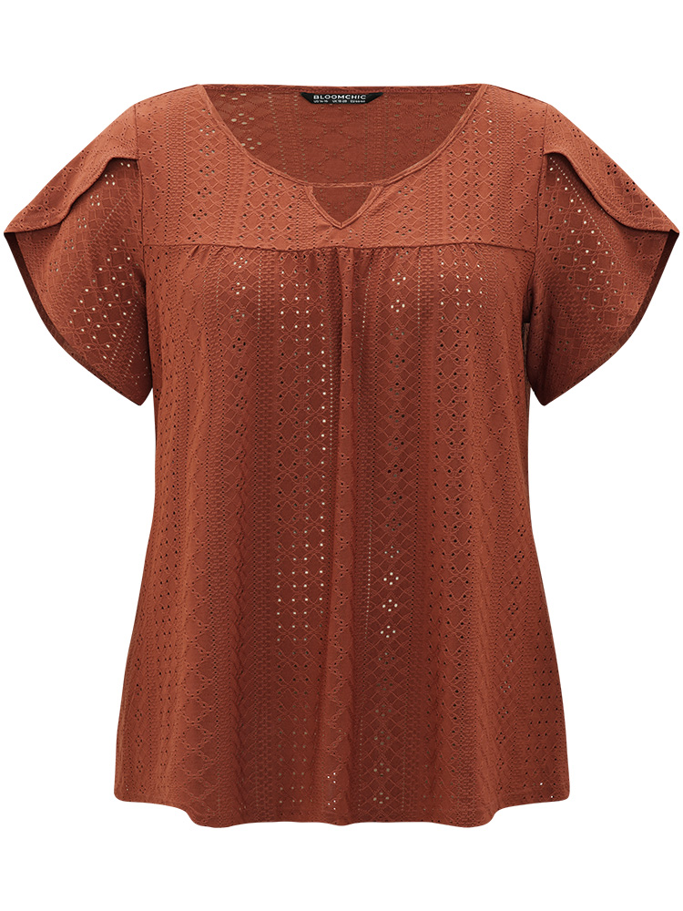 

Plus Size Plain Geometric Eyelet Keyhole Petal Sleeve T-shirt Rust Keyhole Cut-Out Short sleeve Elegant Jersey Tops