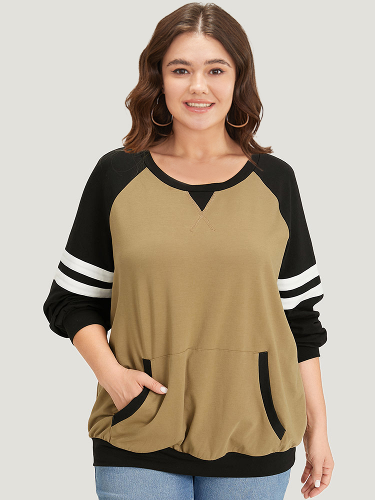 

Plus Size Contrast Patchwork Pocket Stitch Raglan Sleeve Sweatshirt Women LightBrown Casual Elastic cuffs Round Neck Dailywear Sweatshirts BloomChic