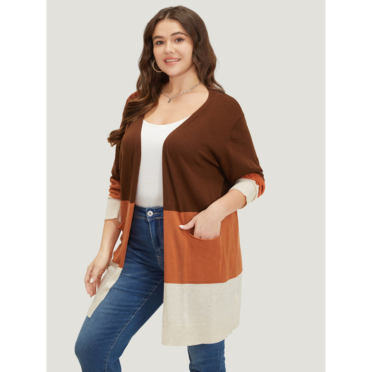 

Plus Size Supersoft Essentials Colorblock Contrast Pocket Open Front Cardigan Orange Women Casual Loose Long Sleeve Everyday Cardigans BloomChic