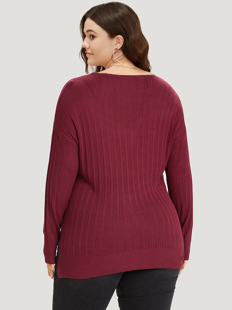 

Plus Size Supersoft Essentials Plain Rib Knit Split Side Pullover Burgundy Women Casual Bodycon Long Sleeve Round Neck Dailywear Pullovers BloomChic