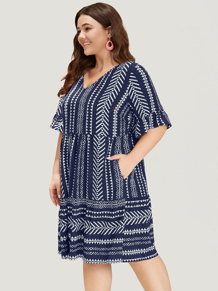 Plus Size Striped Geo Patchwork Pocket Bell Sleeve Dress DarkBlue Women Vacation Patchwork V-neck Short sleeve Curvy Knee Dress BloomChic 22-24/3X 