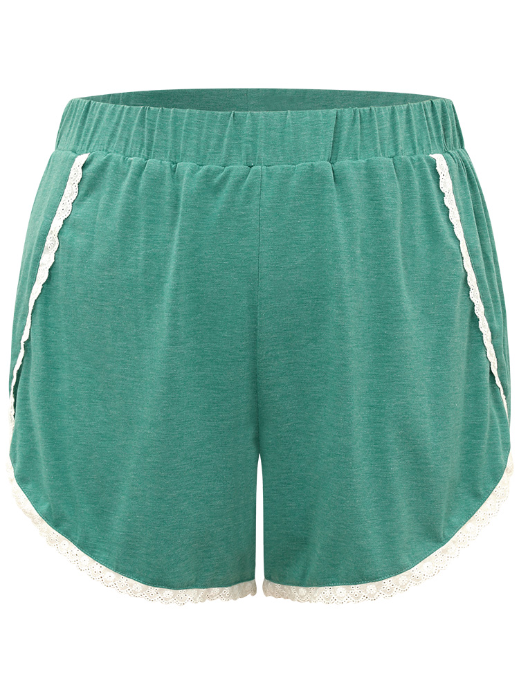 

Plus Size Plain Guipure Lace Wrap Side Sleep Shorts Emerald Elegant Dailywear Plain Sleep Bottoms  Bloomchic