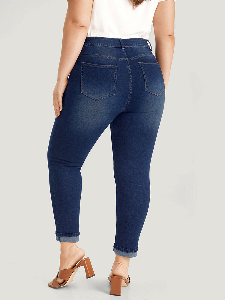 

Plus Size Very Stretchy Pocket Dark Wash Roll Hem Jeans Women DarkBlue Casual Plain Roll Hem High stretch Pocket Jeans BloomChic