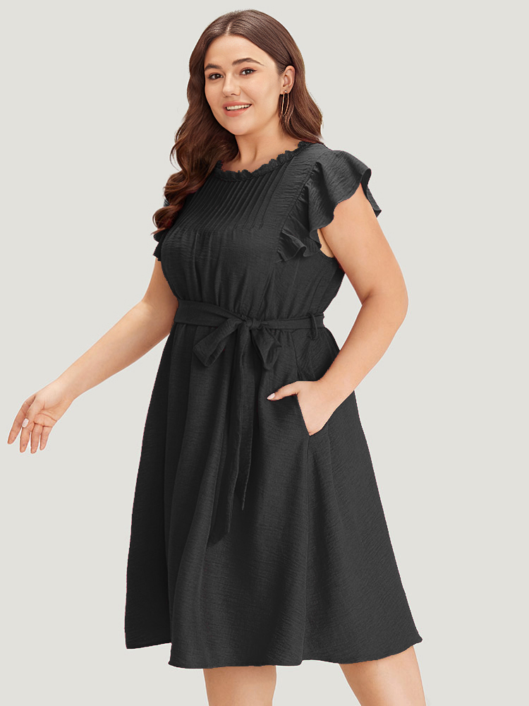 

Plus Size Solid Pocket Lace Insert Pleated Flutter Sleeve Dress Black Women Office Gathered Round Neck Sleeveless Curvy Knee Dress BloomChic