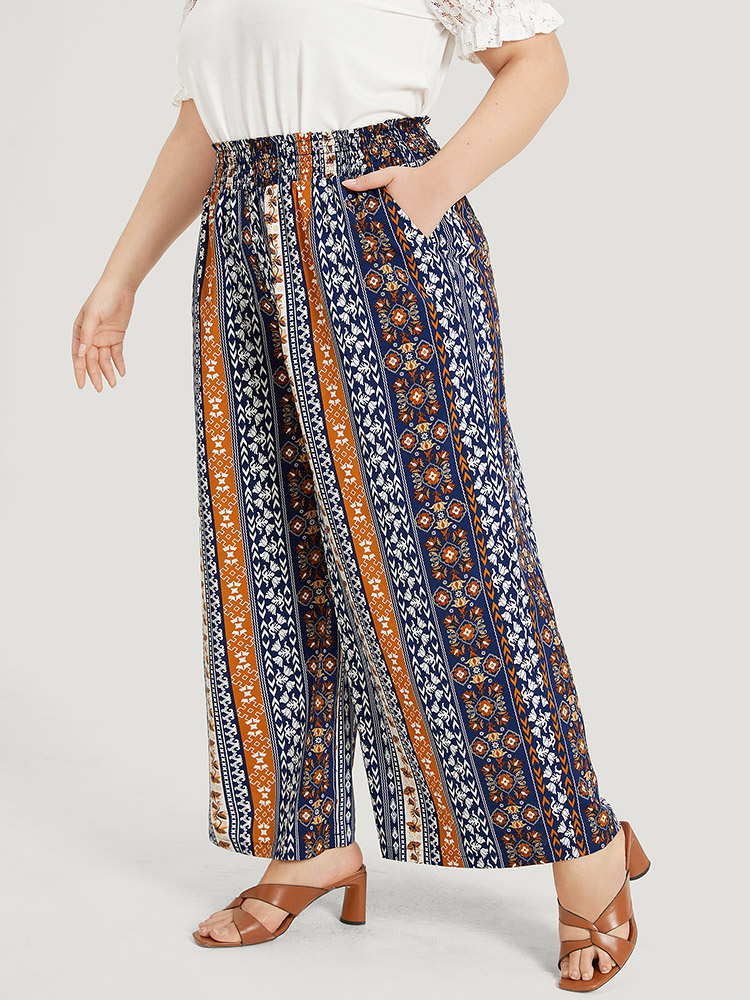 Plus Size Women Vacation Bohemian Print Elastic Waist High Rise Pocket Resort Pants BloomChic 