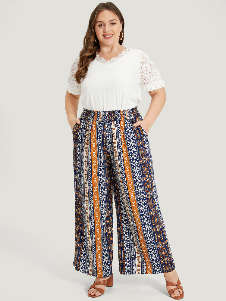 Plus Size Women Vacation Bohemian Print Elastic Waist High Rise Pocket Resort Pants BloomChic 
