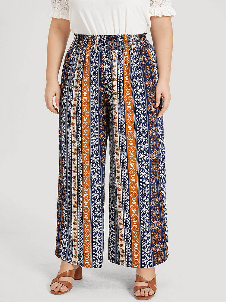 Plus Size Women Vacation Bohemian Print Elastic Waist High Rise Pocket Resort Pants BloomChic 